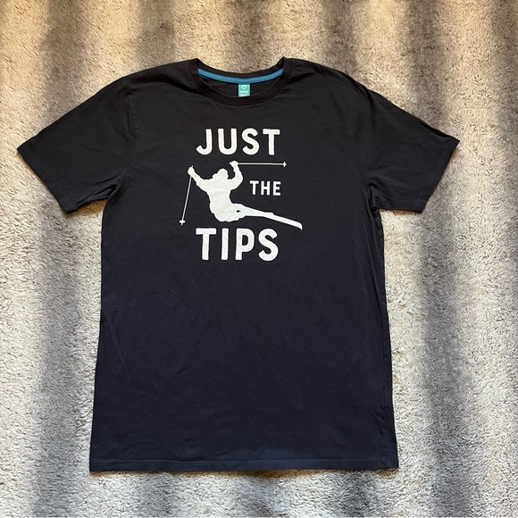 Black Graphic Skiing T-Shirt Just The Tips Men’s Large Black Tee White Logo - Picture 1 of 6